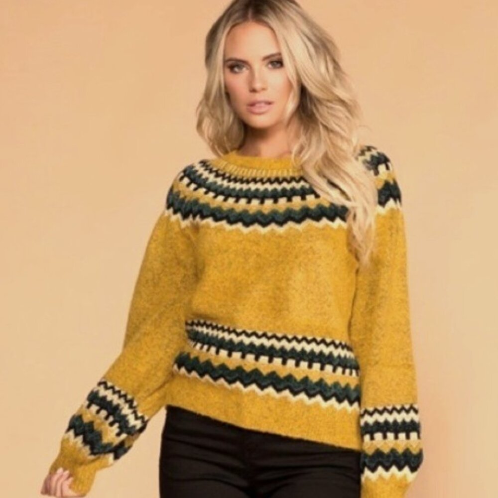 Sweet Rain Yellow Metallic Balloon Sleeve Sweater Boho Fair Isle~ Size Large
